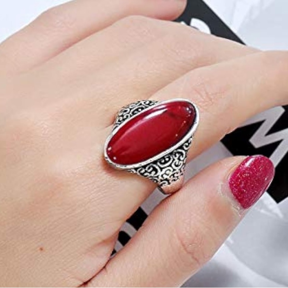 Red Antique Silver Oversized Round Ring